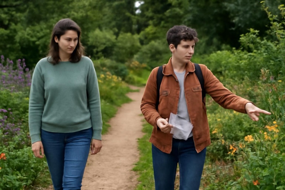 Two people in a garden: one walking slowly, one pointing at plants with a paper list