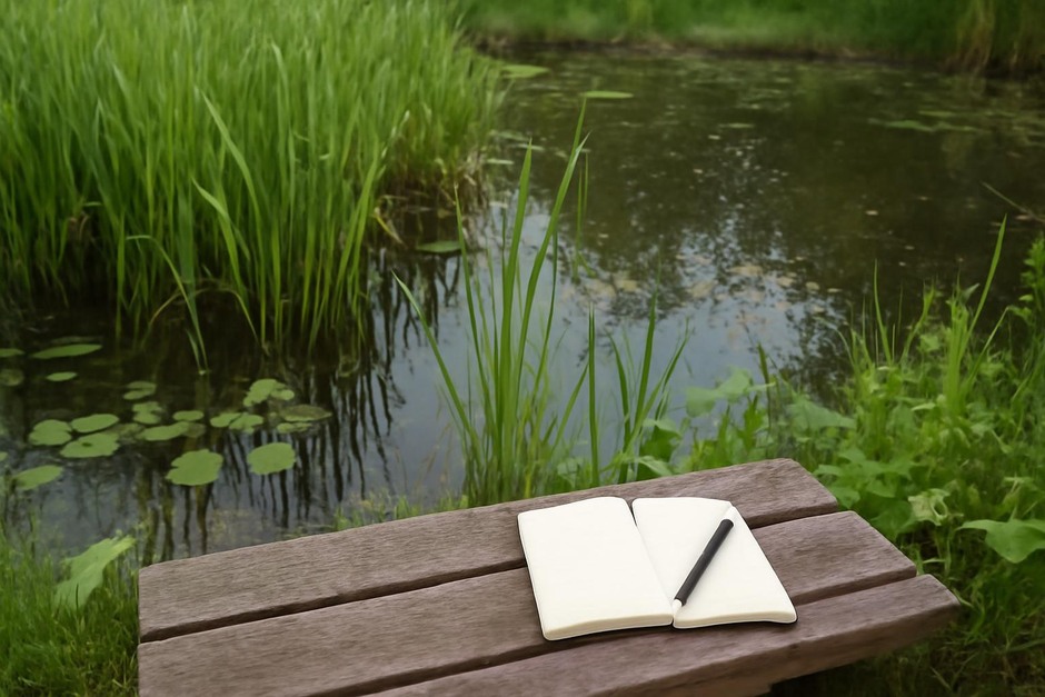 A shallow pond fringe with reeds, floating leaves, and a notebook on a bench